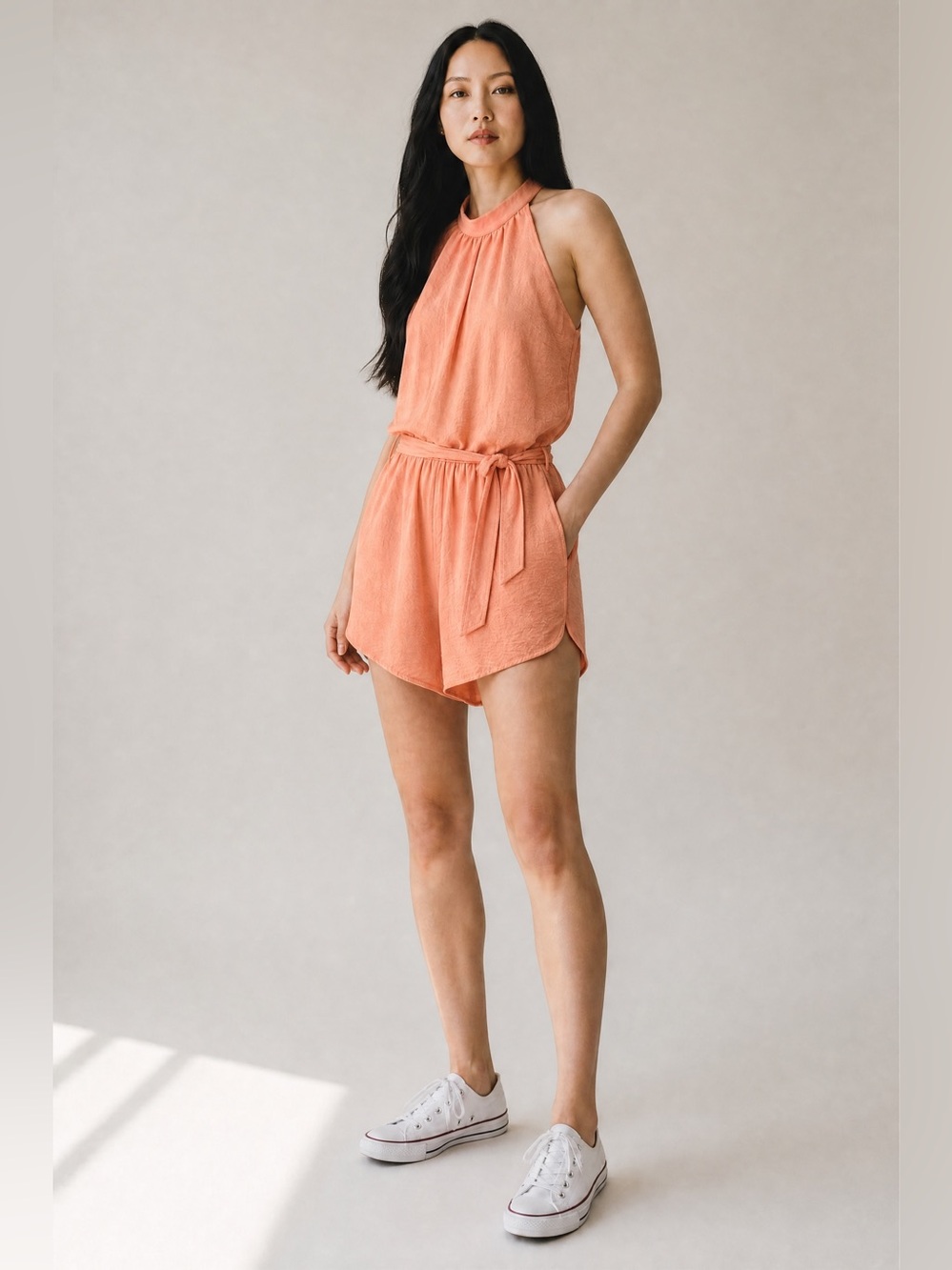 FSL Apparel Boutique Peach Halter Tie Waist Romper – Medium